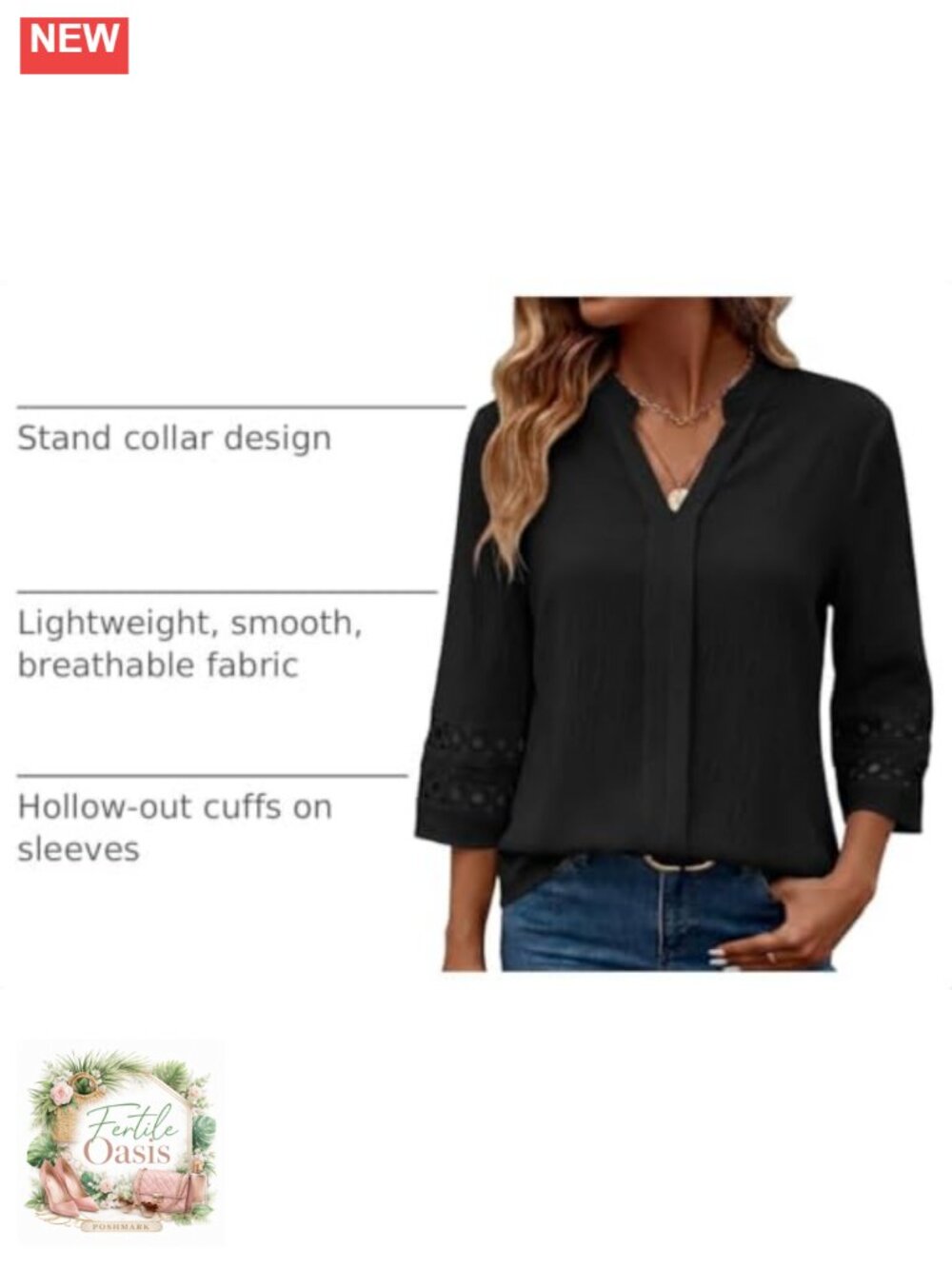 3/4 Sleeve V-Neck Pleated Blouse for Women Dressy Casual Office Top - Picture 3 of 6